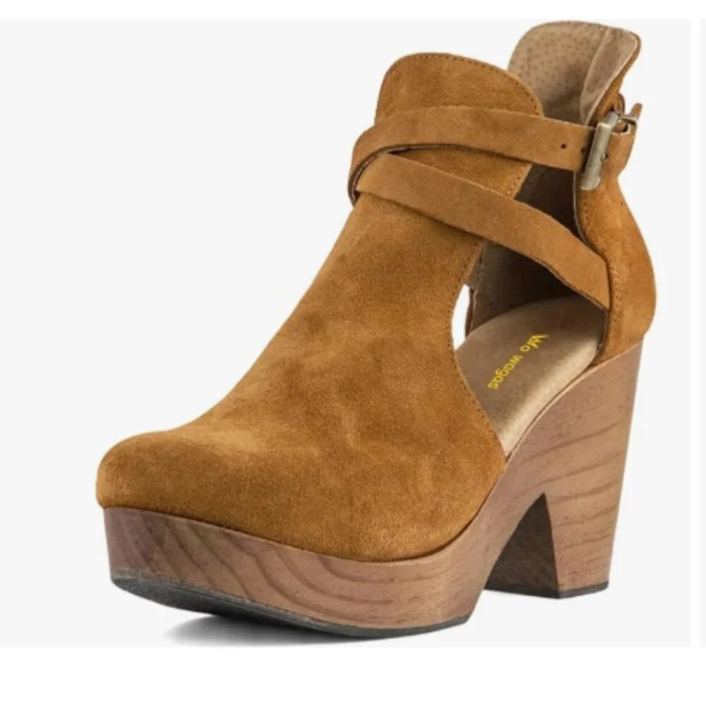 Brown Suede Platform Round Toe Cutout Strap Buckles Cork Chunky Heel Ankle Boots